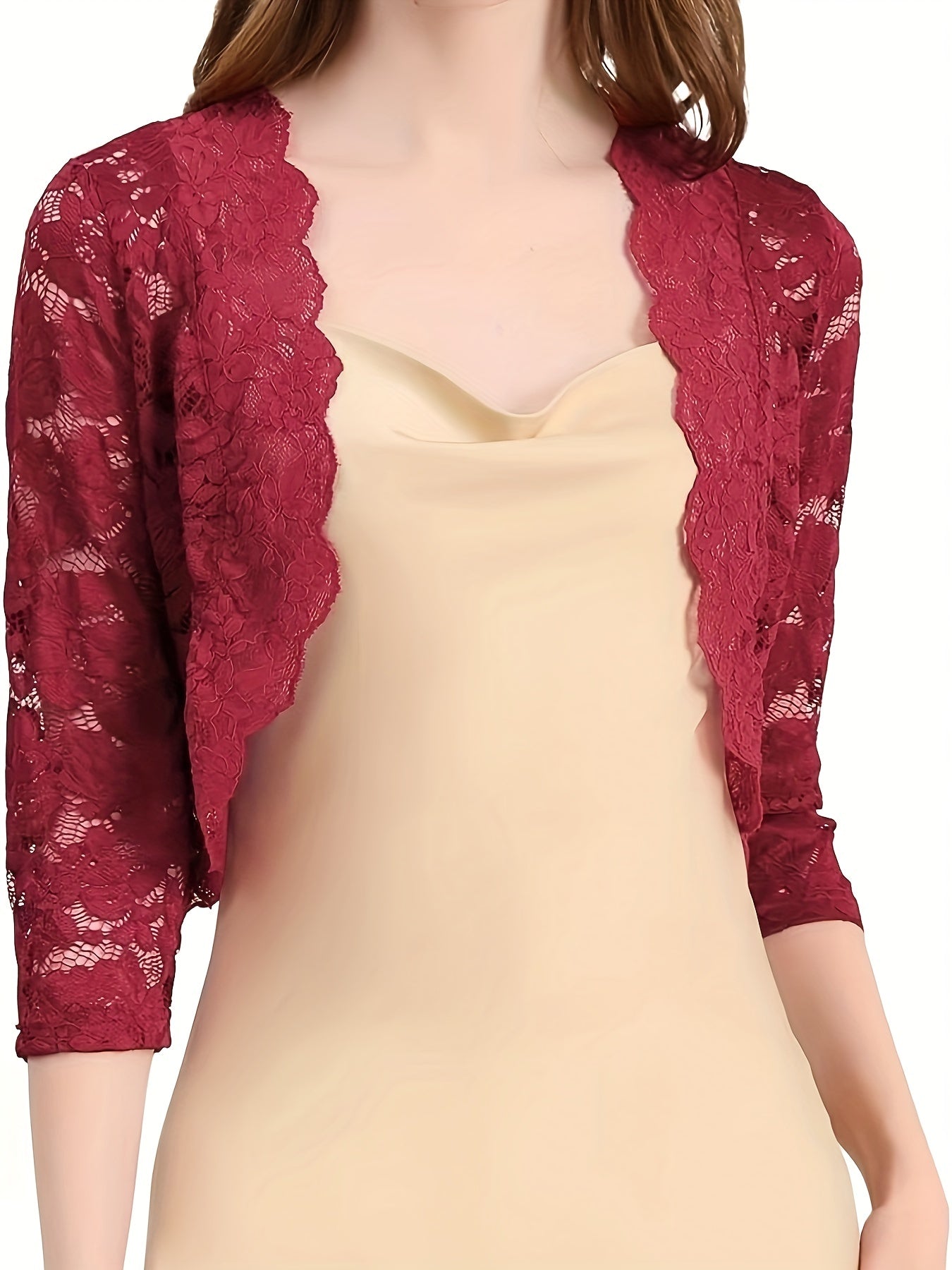 Semi-sheer Floral Lace Crop Cardigan, Casual Three-quarter Sleeve Cover Up Cardigan, Women's Clothing