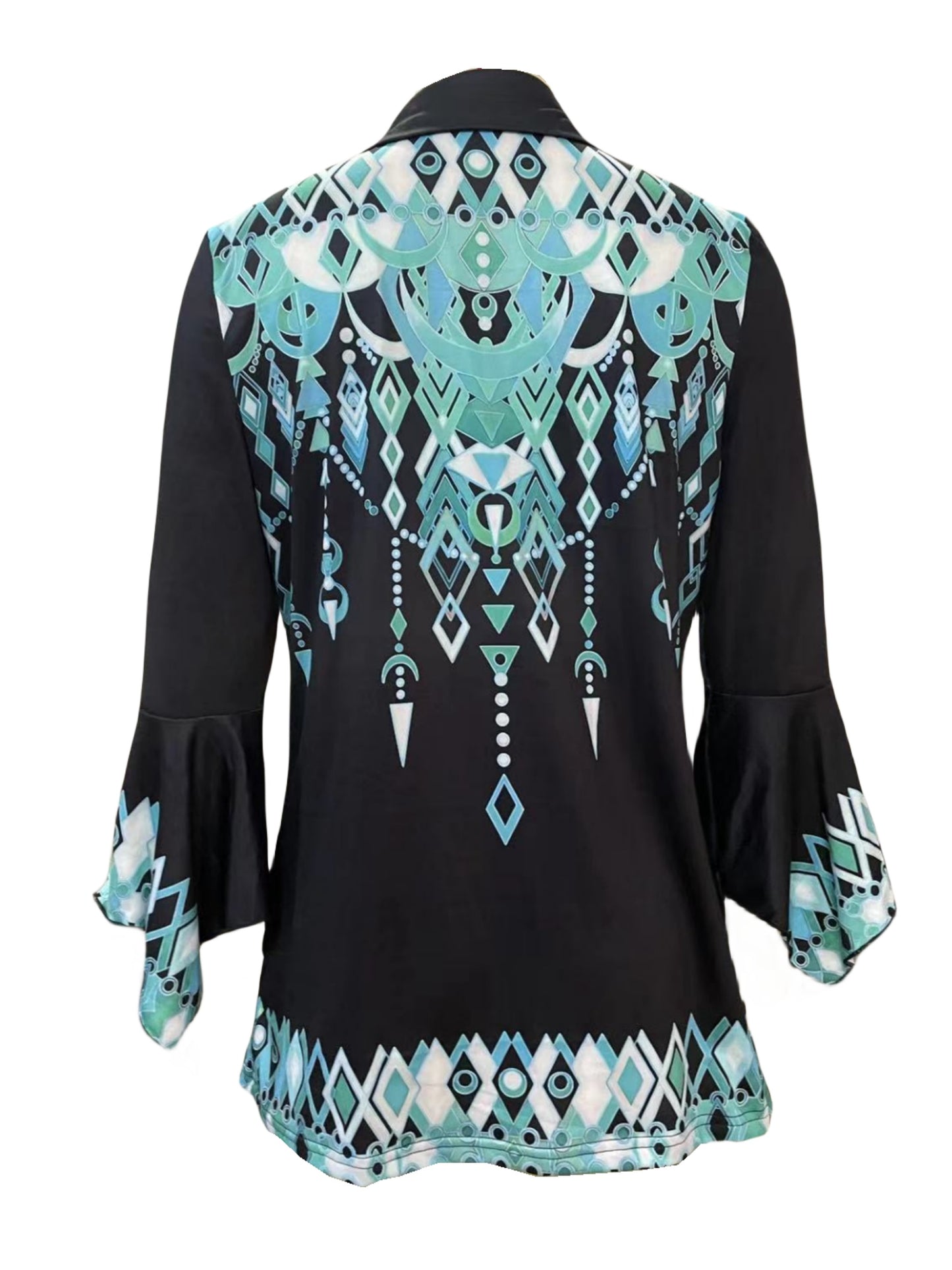 Geometric Print Collared T-Shirt, Casual Irregular Cuff Top For Spring & Fall, Women's Clothing