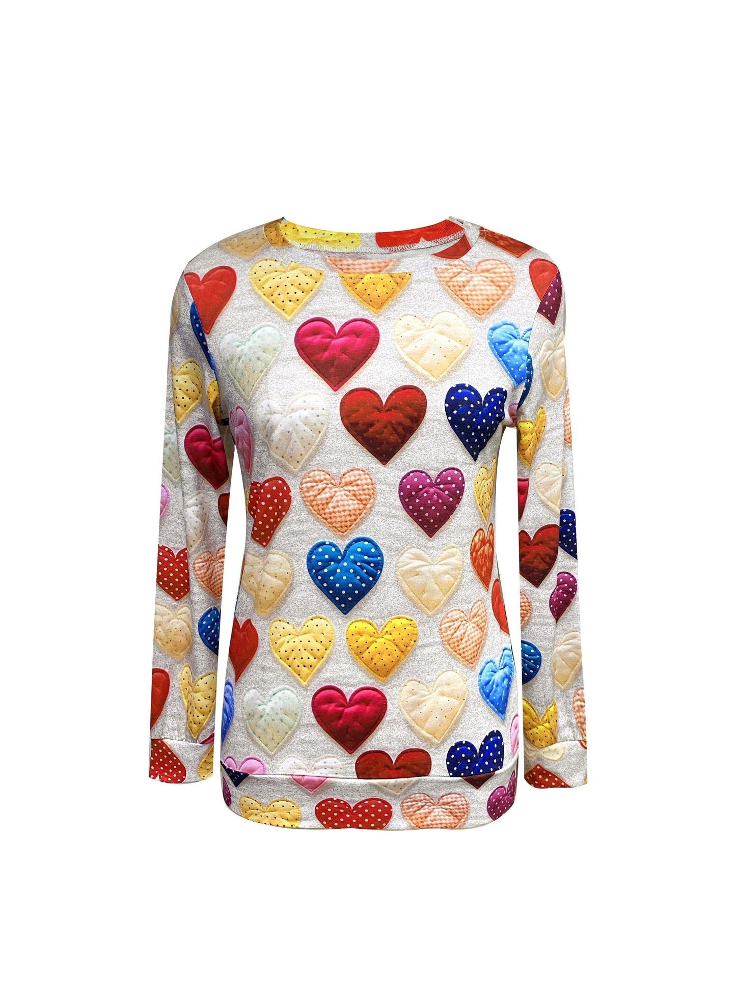 Heart Print Crew Neck T-Shirt, Casual Long Sleeve Knitted T-Shirt For Spring & Fall, Women's Clothing