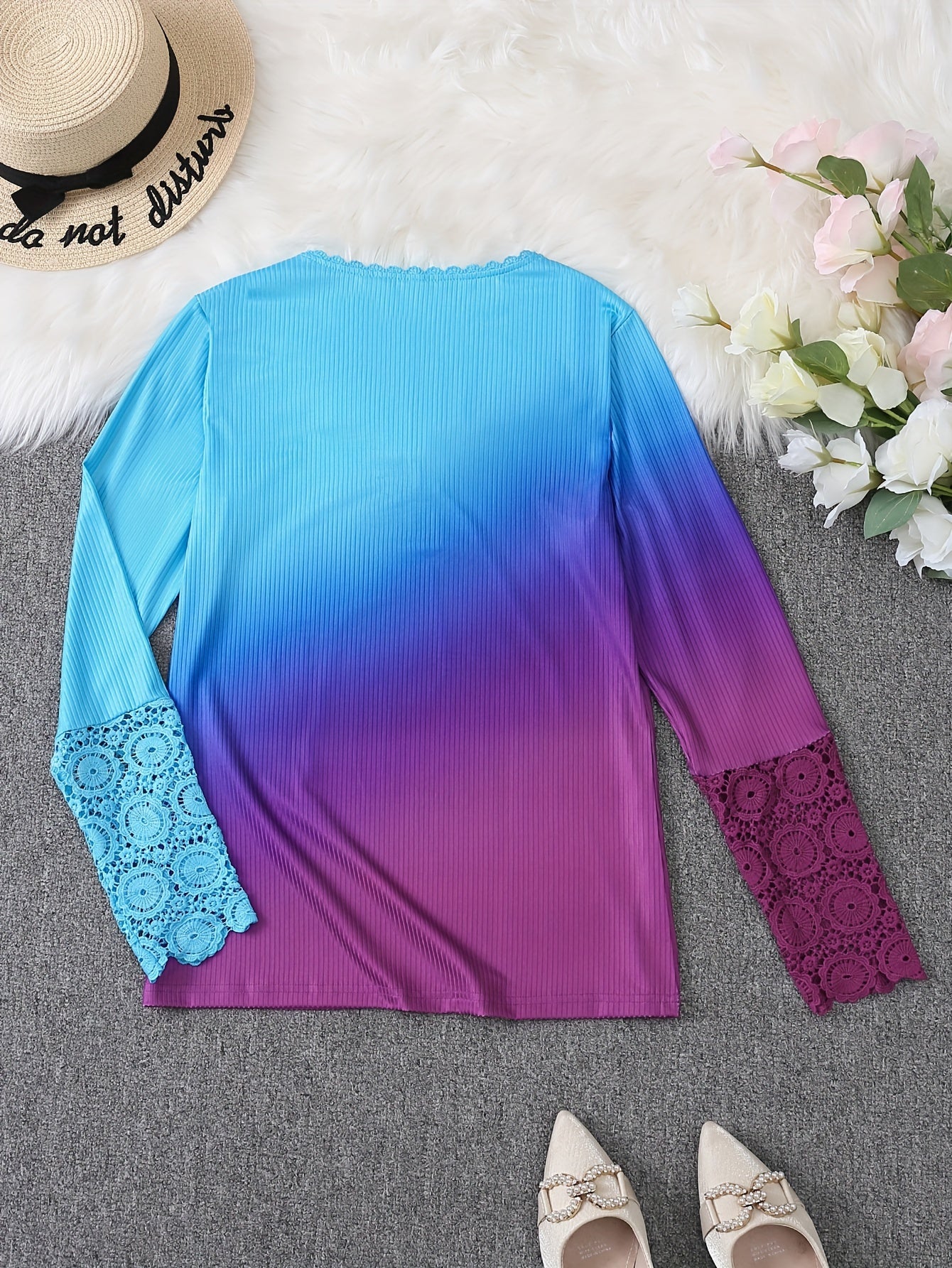 Lace Stitching Gradient T-Shirt, Casual Long Sleeve Top For Spring & Fall, Women's Clothing