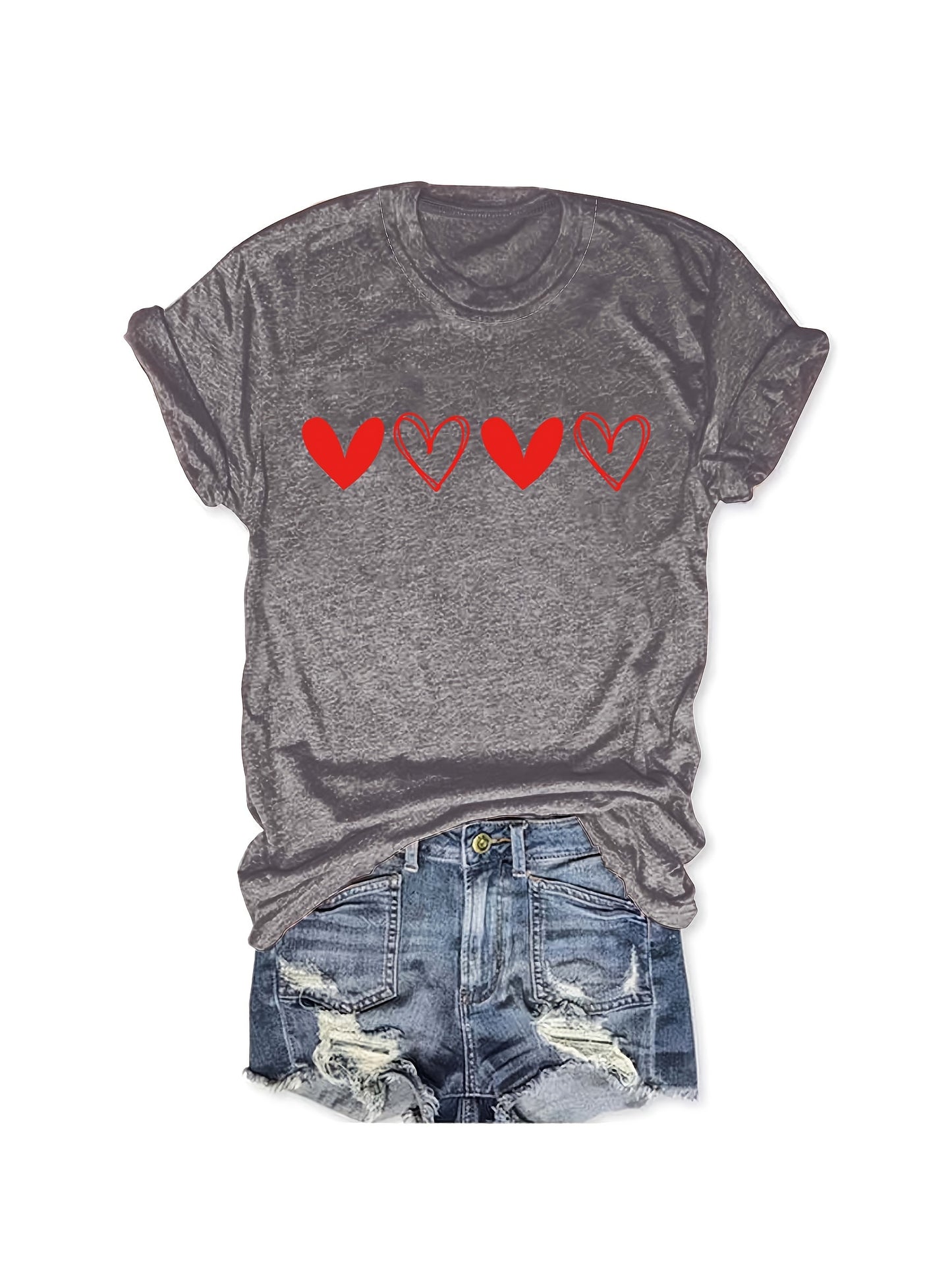 Heart Print Crew Neck T-Shirt, Cute Short Sleeve T-Shirt For Spring & Summer, Women's Clothing