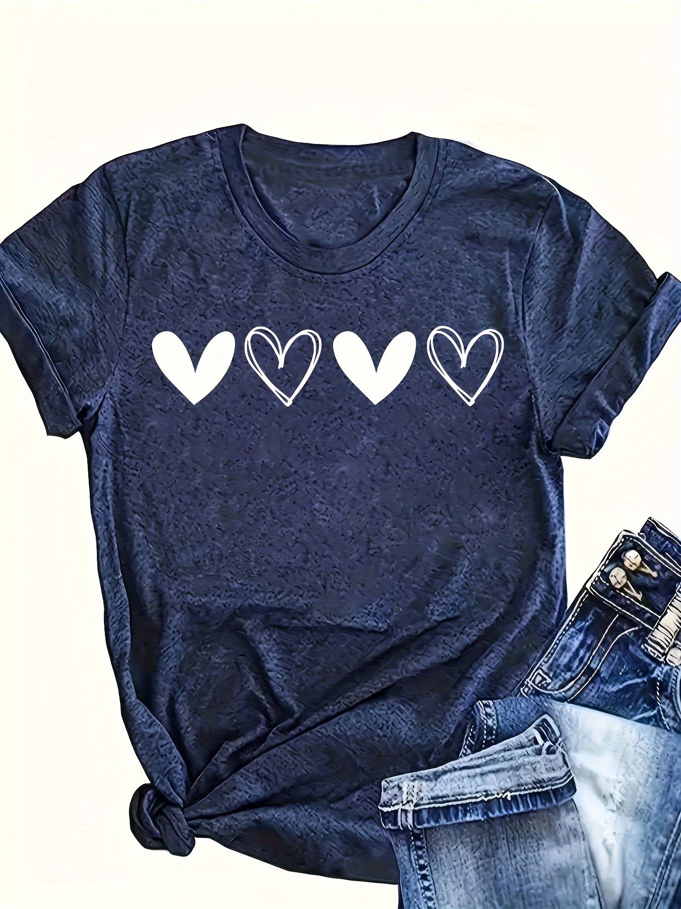 Heart Print Crew Neck T-Shirt, Cute Short Sleeve T-Shirt For Spring & Summer, Women's Clothing