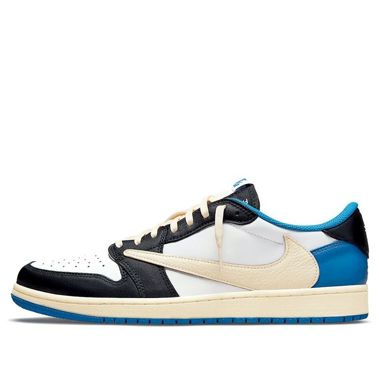 Fragment Design x Travis Scott x Air Jordan 1 Retro Low 'Sail Black Military Blue' Classic Sneakers